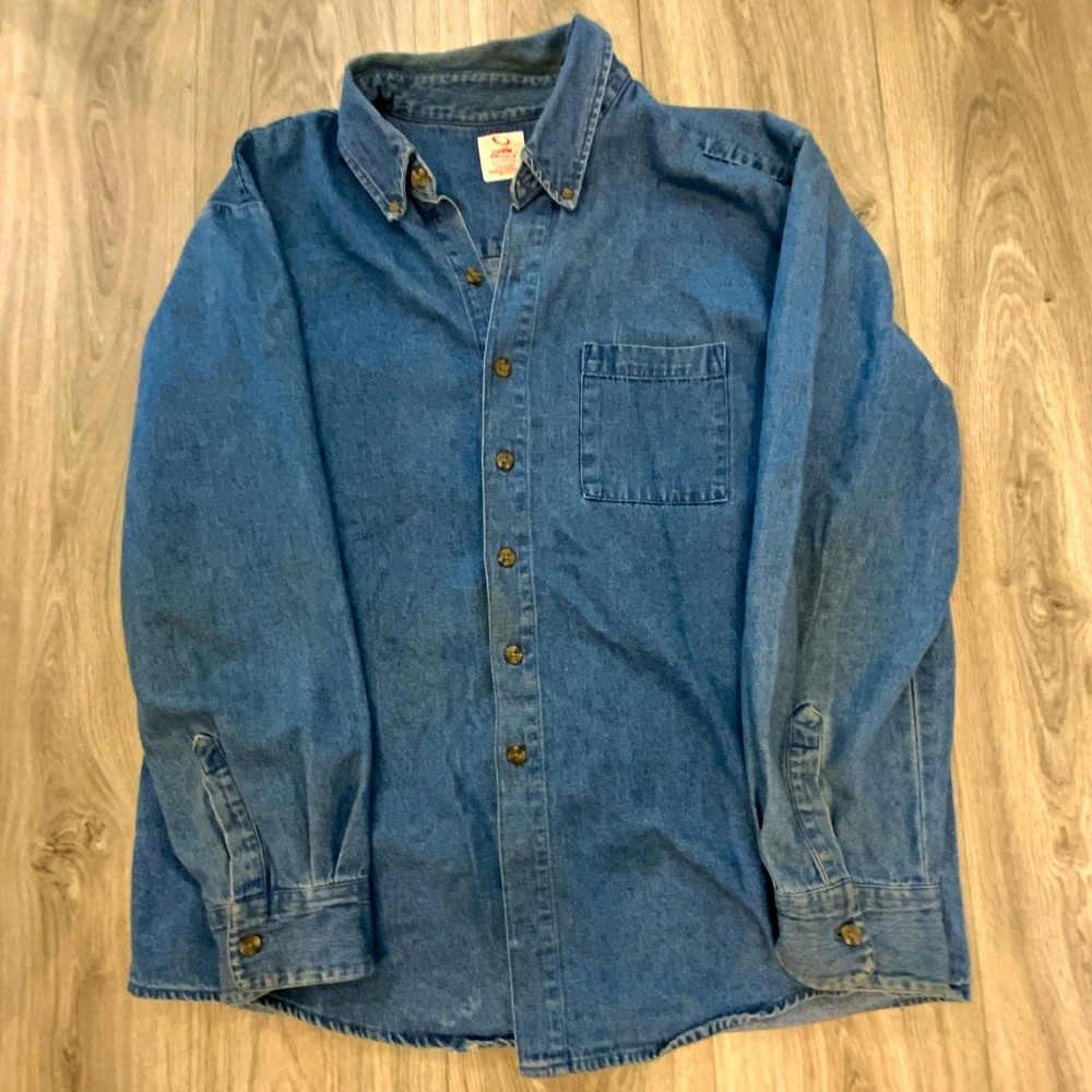 Open Trails Men's Blue Denim Cotton Button-Down Shirt XL Long Sleeve Pockets
